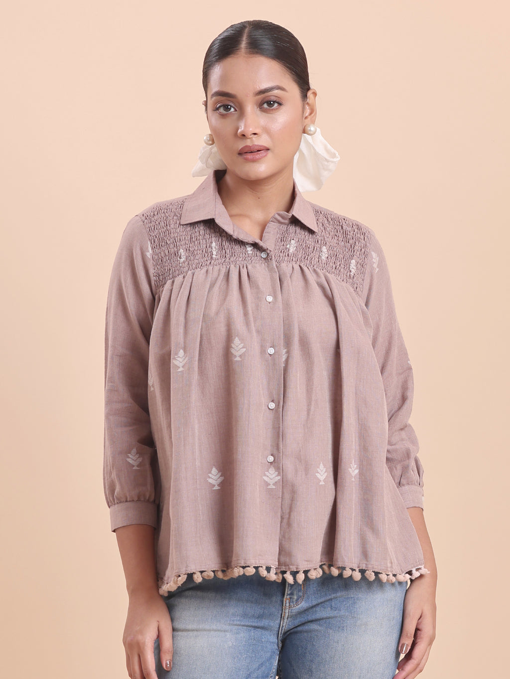 WOMEN COTTON JAMDANI SHIRRED SHIRT- CINNAMON
