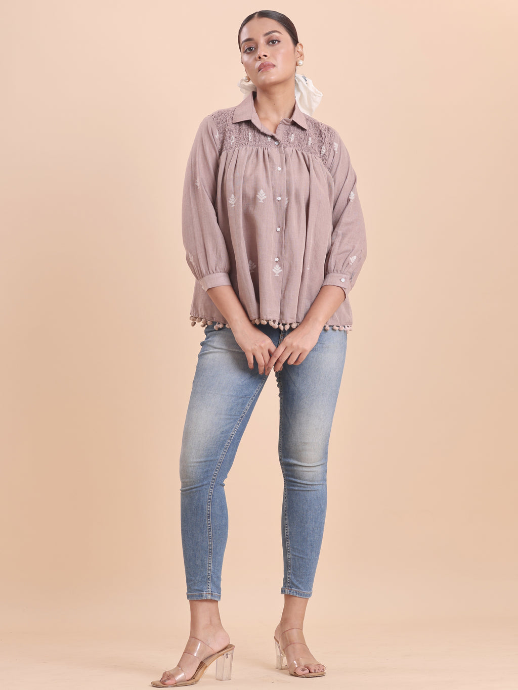 WOMEN COTTON JAMDANI SHIRRED SHIRT- CINNAMON