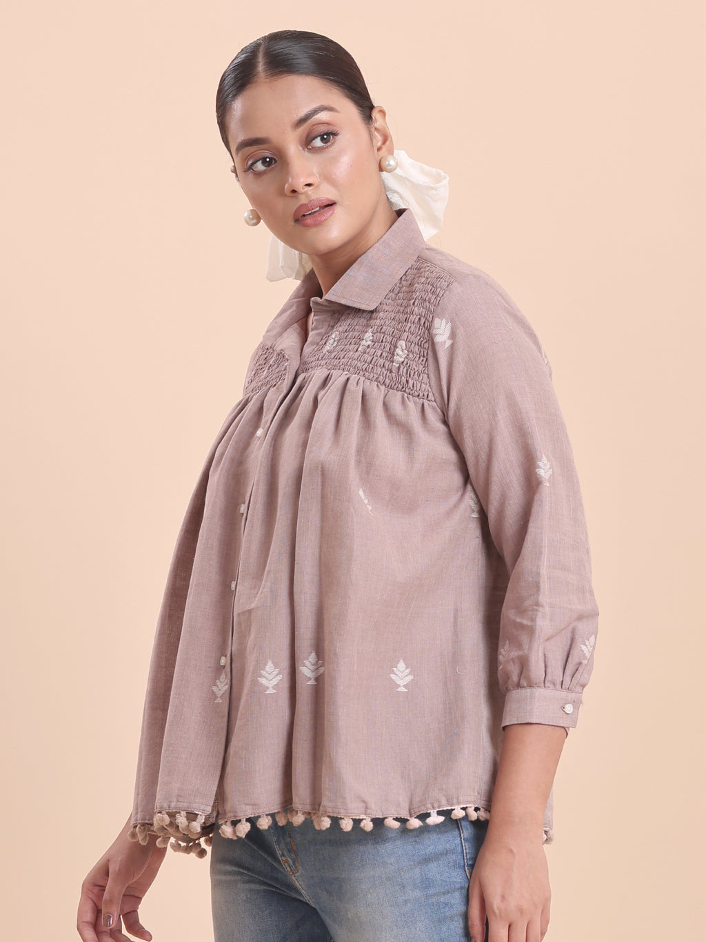 WOMEN COTTON JAMDANI SHIRRED SHIRT- CINNAMON