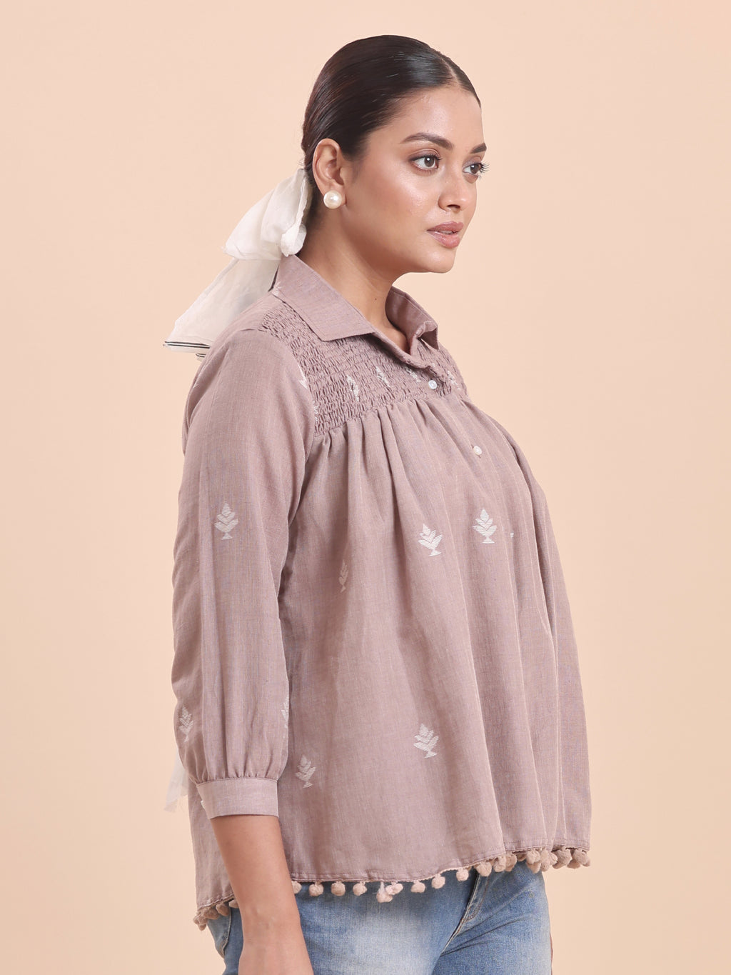 WOMEN COTTON JAMDANI SHIRRED SHIRT- CINNAMON