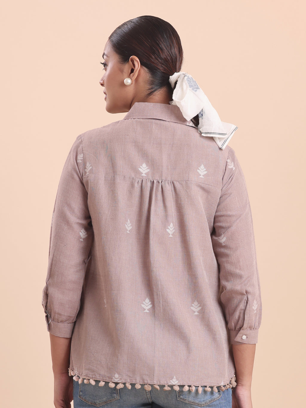 WOMEN COTTON JAMDANI SHIRRED SHIRT- CINNAMON