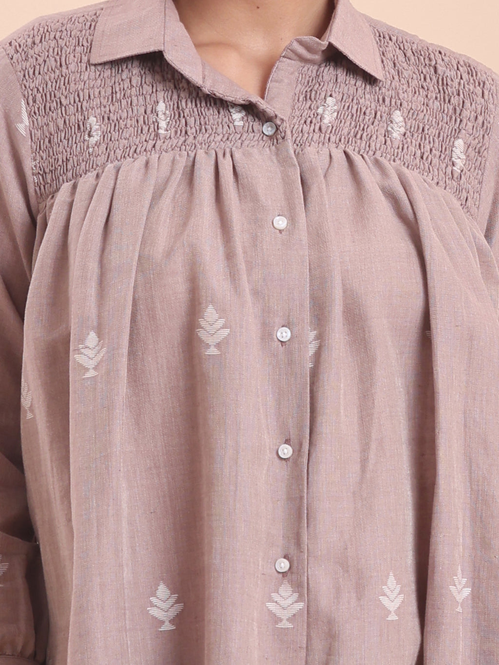 WOMEN COTTON JAMDANI SHIRRED SHIRT- CINNAMON