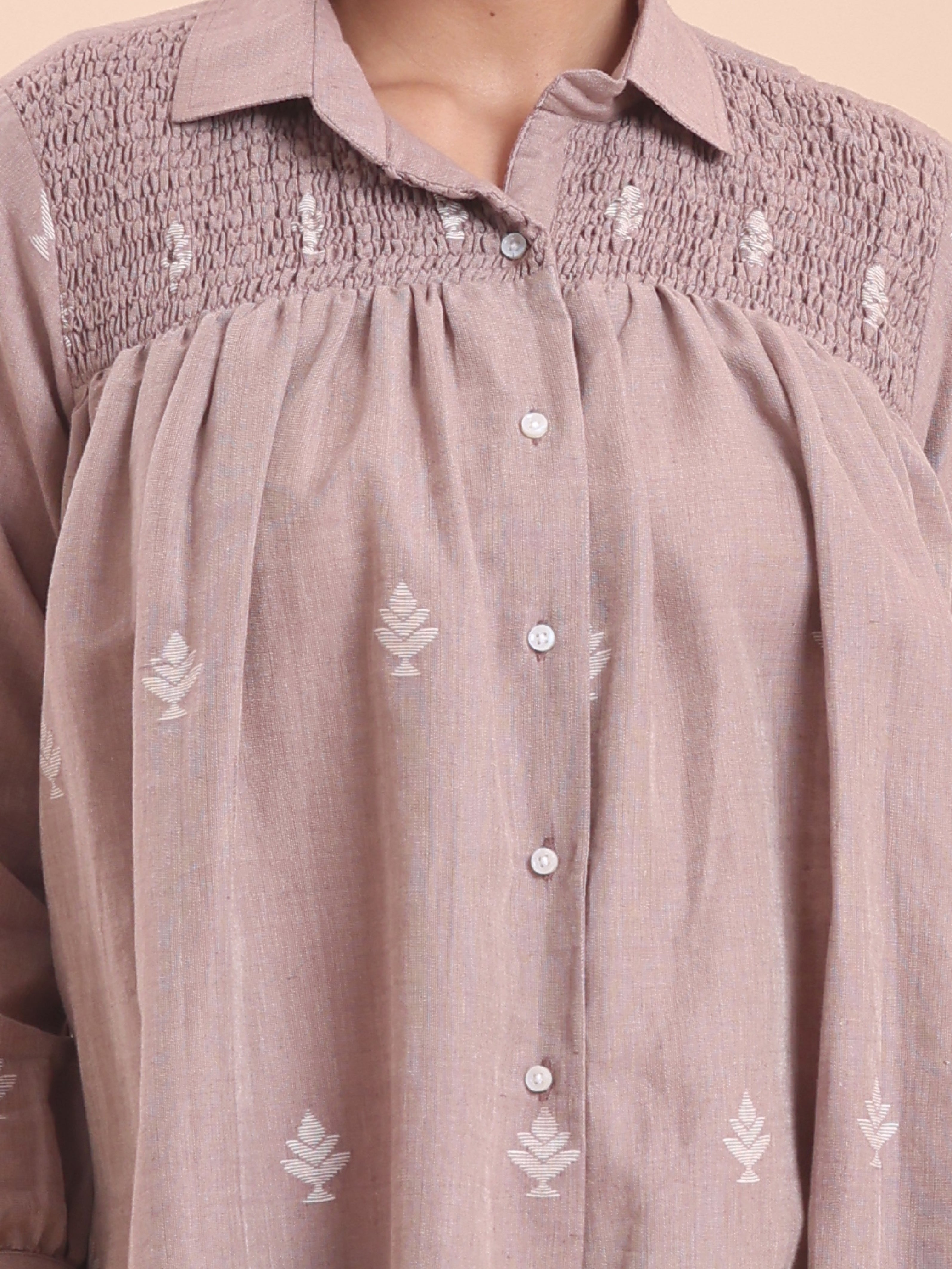 WOMEN COTTON JAMDANI SHIRRED SHIRT- CINNAMON