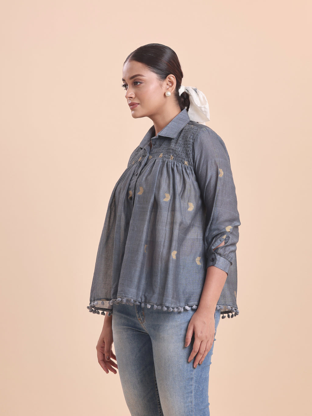 COTTON JAMDANI SHIRRED SHIRT- GREY
