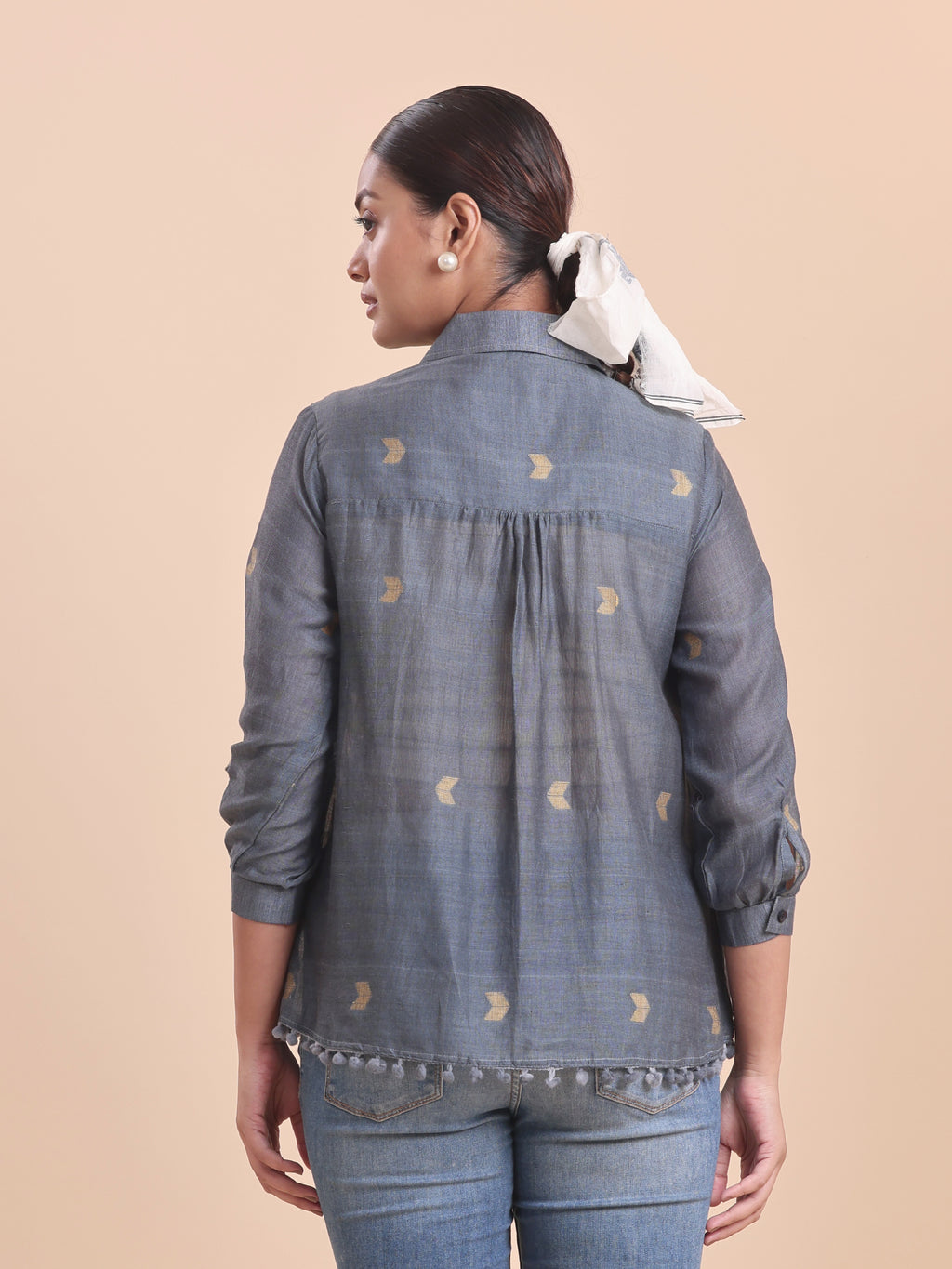 COTTON JAMDANI SHIRRED SHIRT- GREY