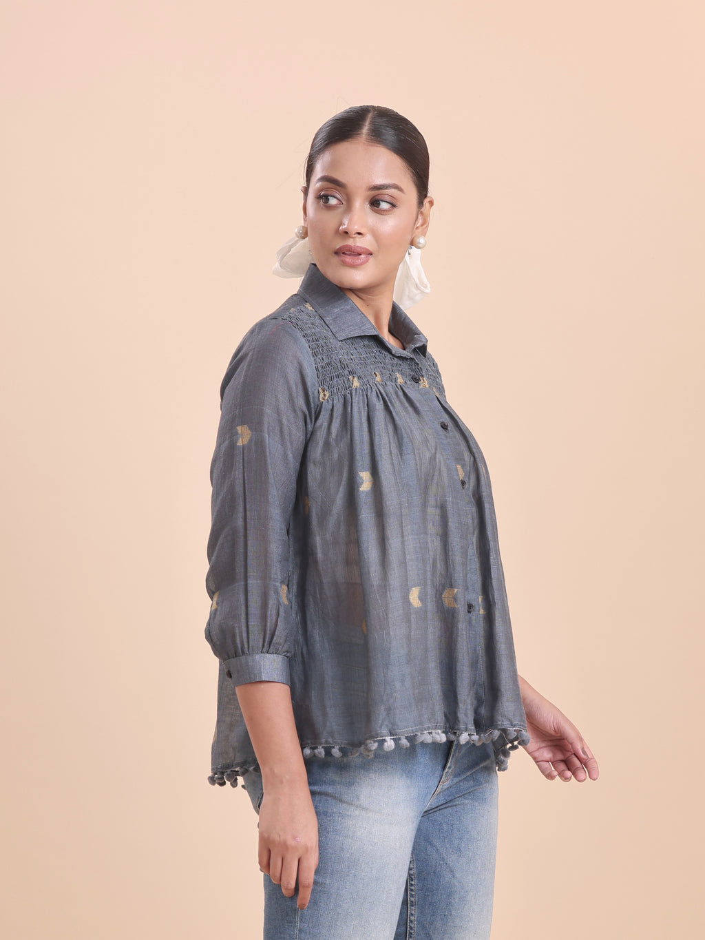 COTTON JAMDANI SHIRRED SHIRT- GREY