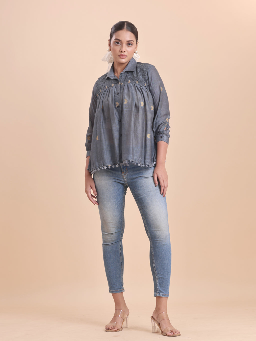 COTTON JAMDANI SHIRRED SHIRT- GREY