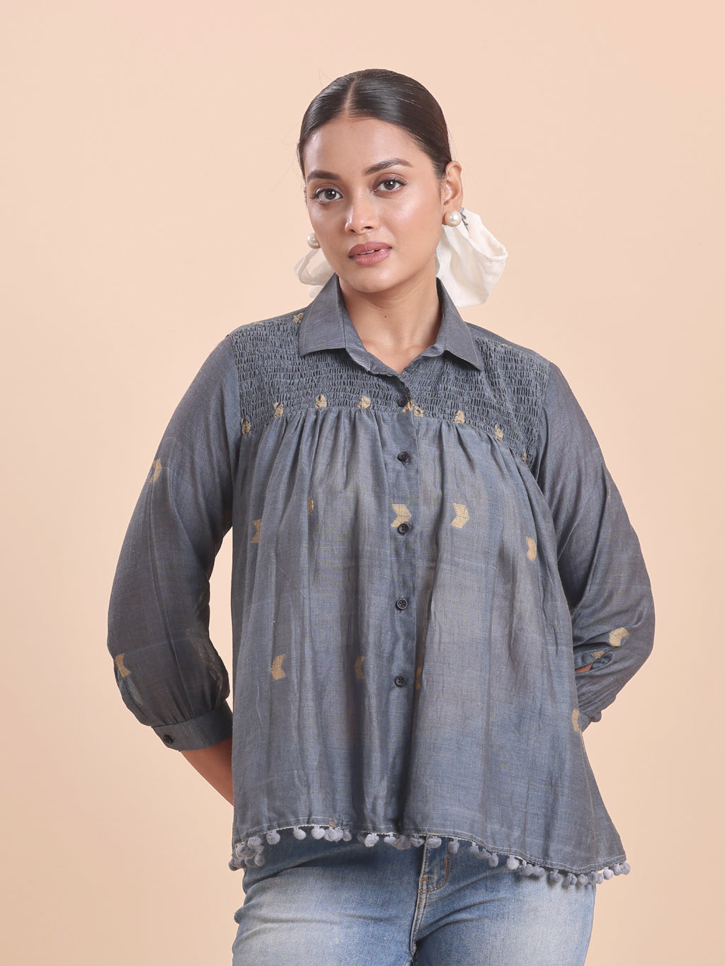 COTTON JAMDANI SHIRRED SHIRT- GREY