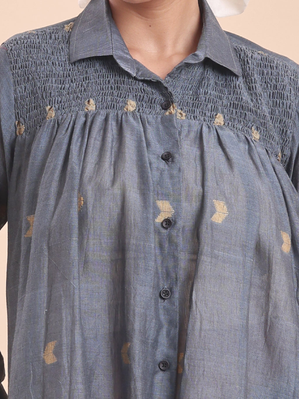 COTTON JAMDANI SHIRRED SHIRT- GREY