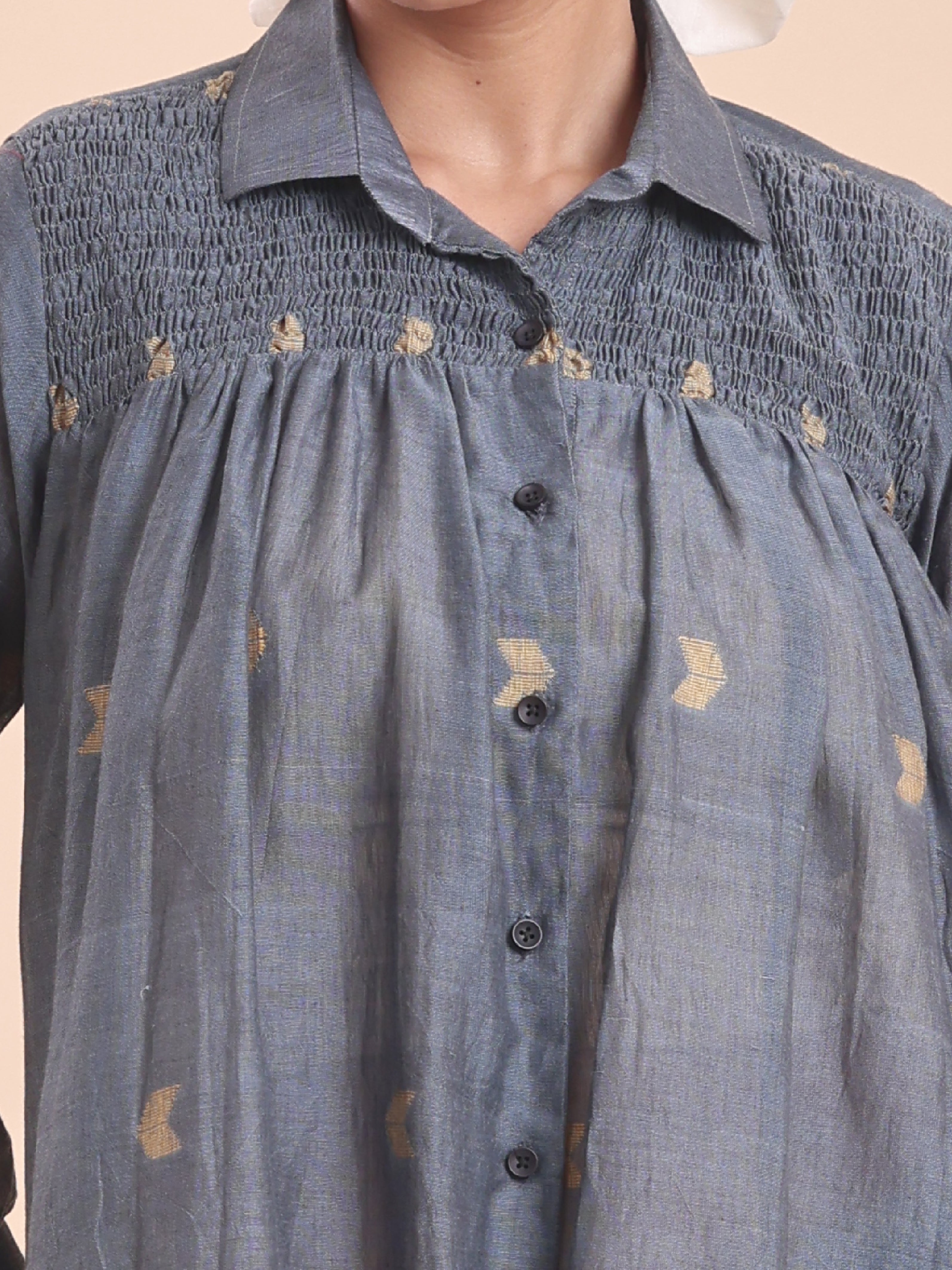 COTTON JAMDANI SHIRRED SHIRT- GREY