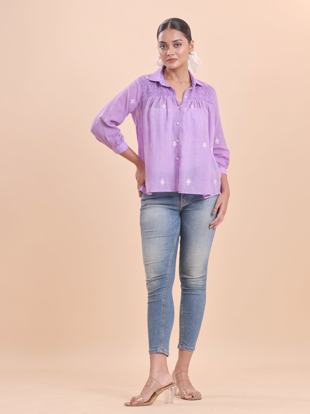 COTTON JAMDANI SHIRRED SHIRT- LAVENDER