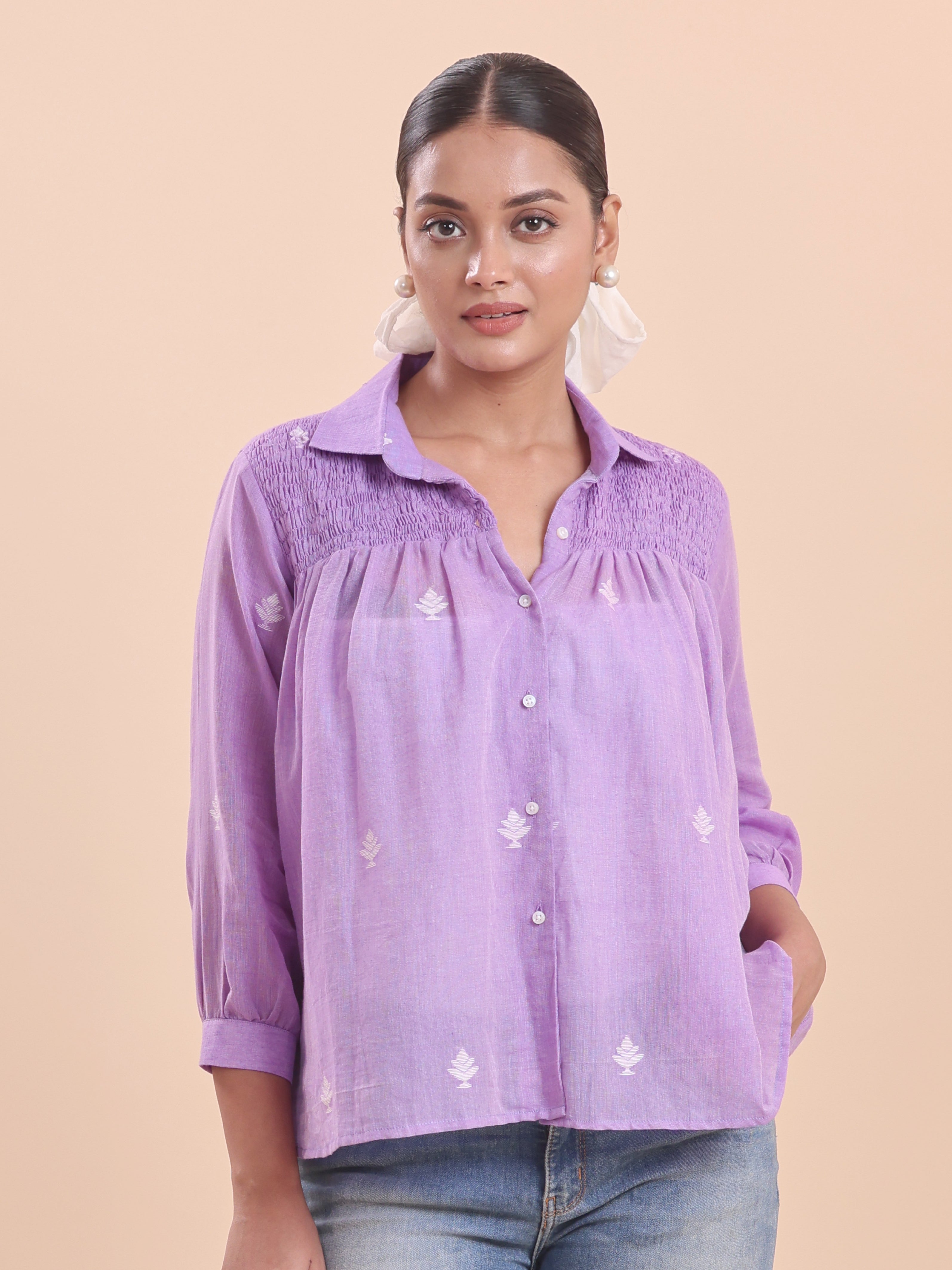 COTTON JAMDANI SHIRRED SHIRT- LAVENDER
