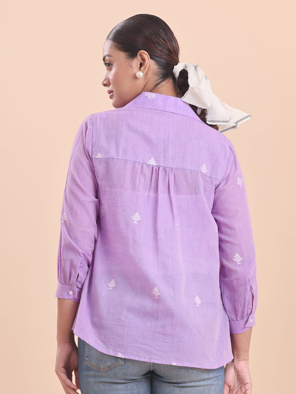 COTTON JAMDANI SHIRRED SHIRT- LAVENDER