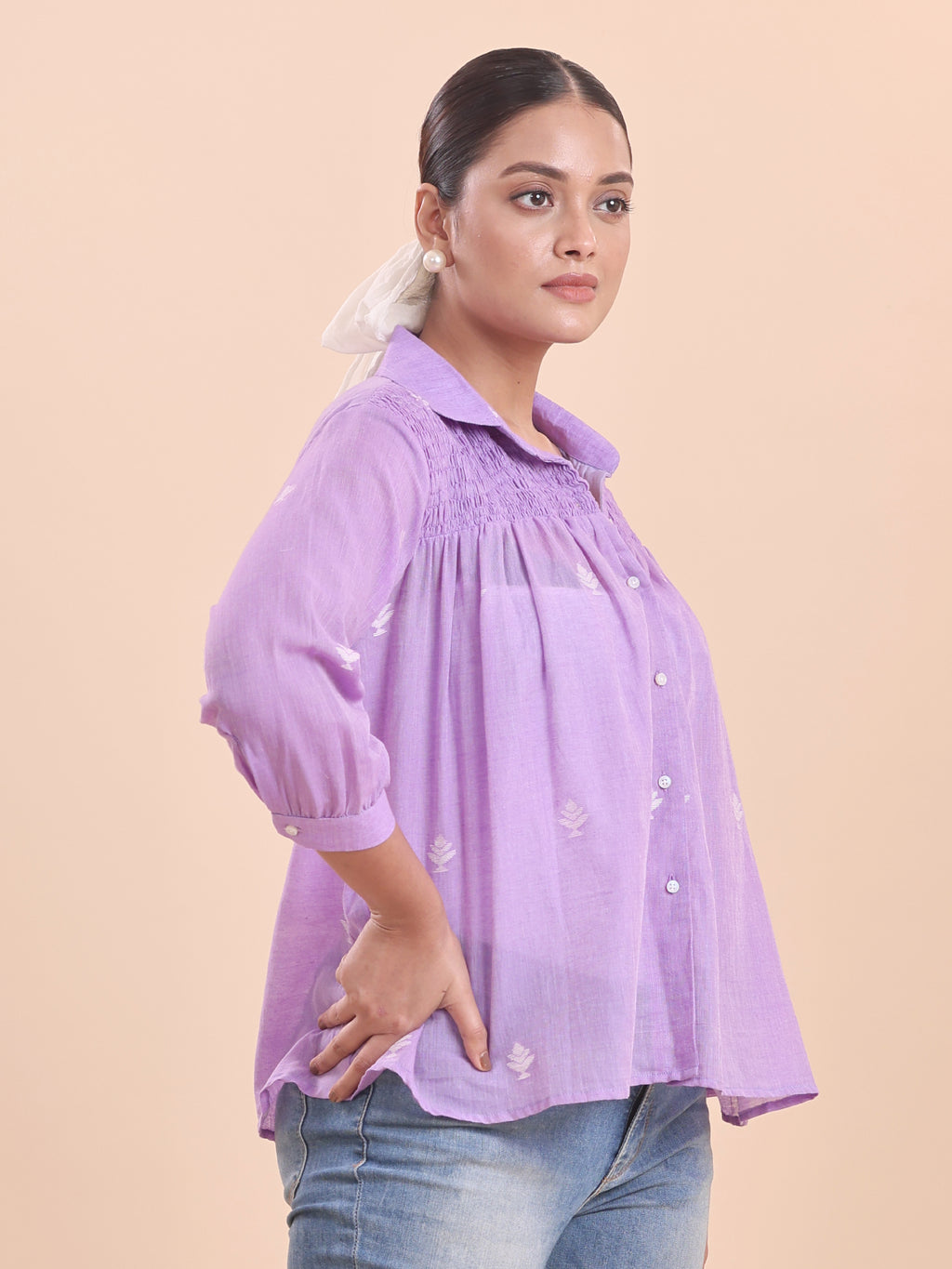 COTTON JAMDANI SHIRRED SHIRT- LAVENDER
