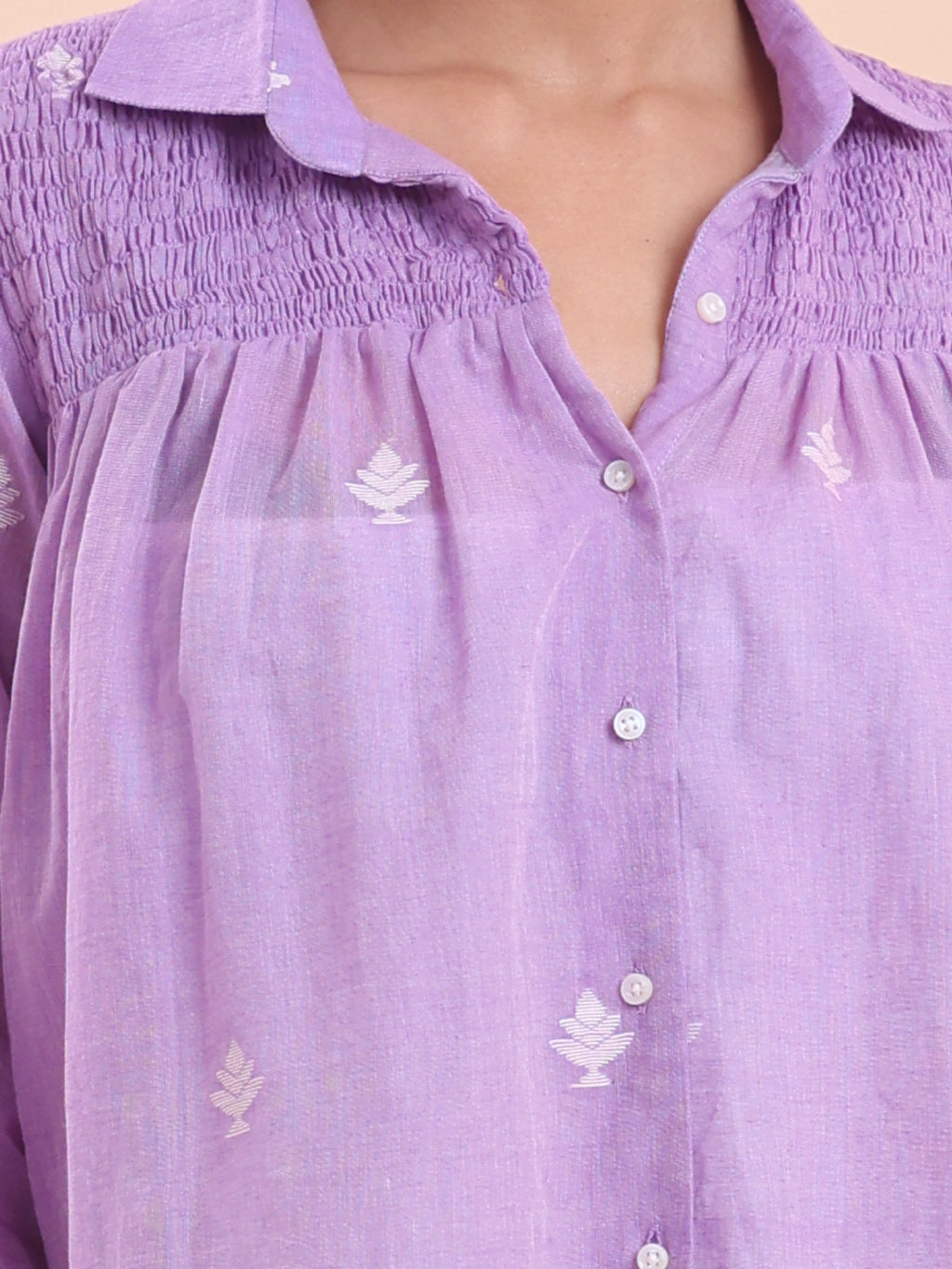 COTTON JAMDANI SHIRRED SHIRT- LAVENDER