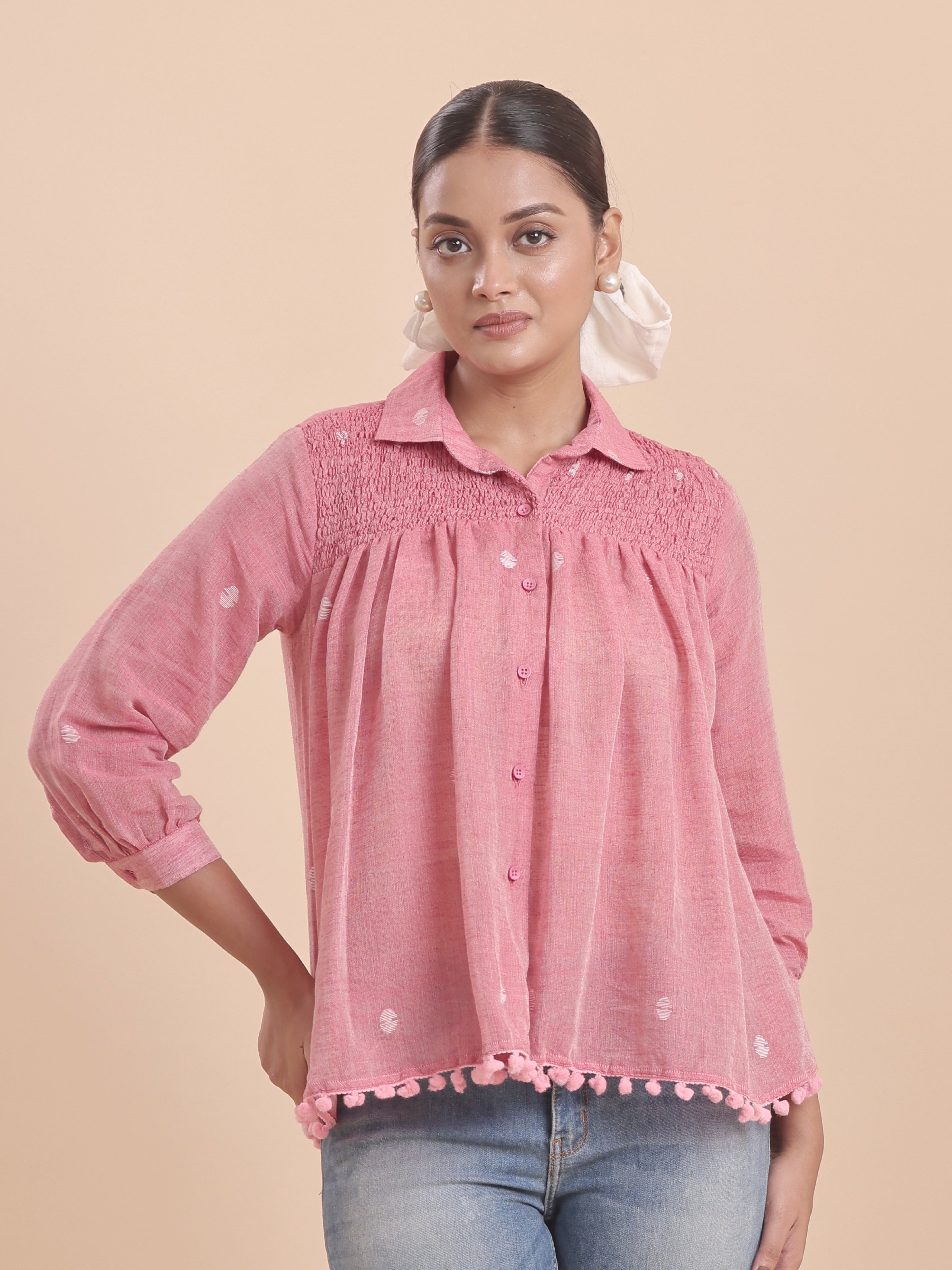 WOMEN COTTON JAMDANI SHIRRED SHIRT -STRAWBERRY