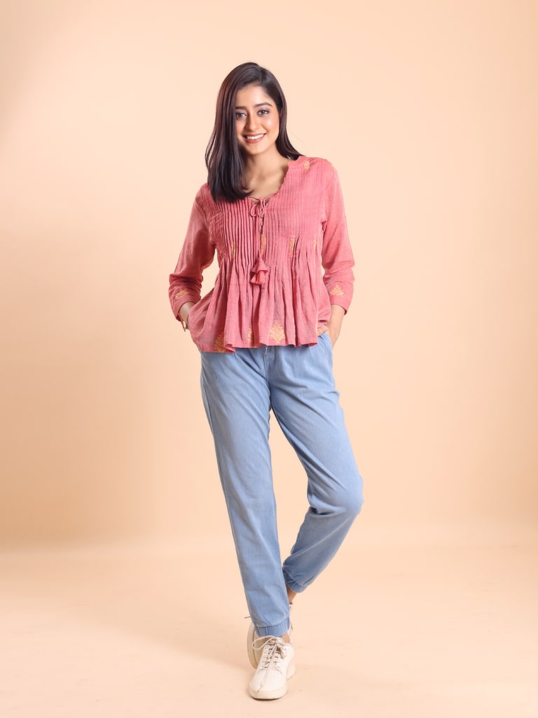 BLOUSON WOMEN COTTON JAMDANI FIT & FLARE TOP