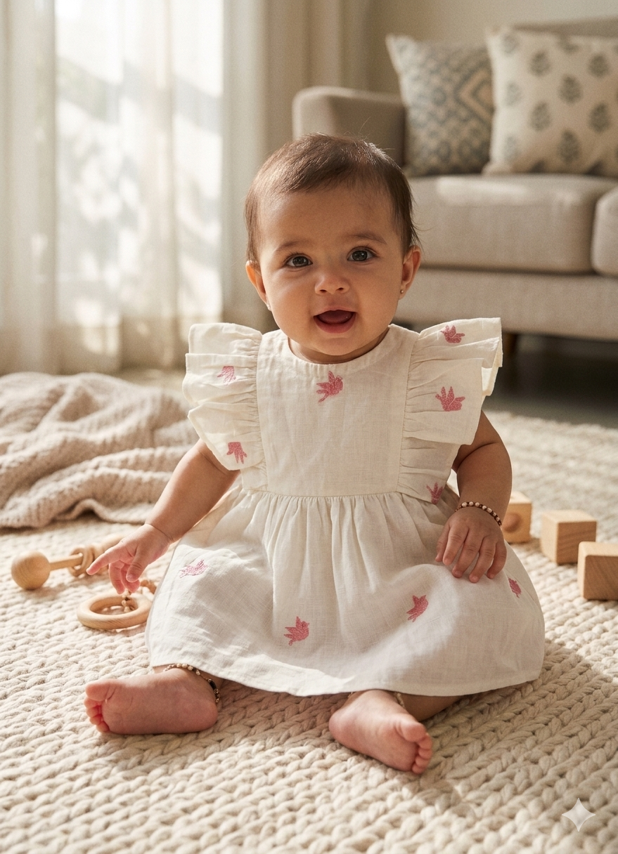 BLOUSON JAMDANI BABY DRESS FLARE DRESS- WHITE
