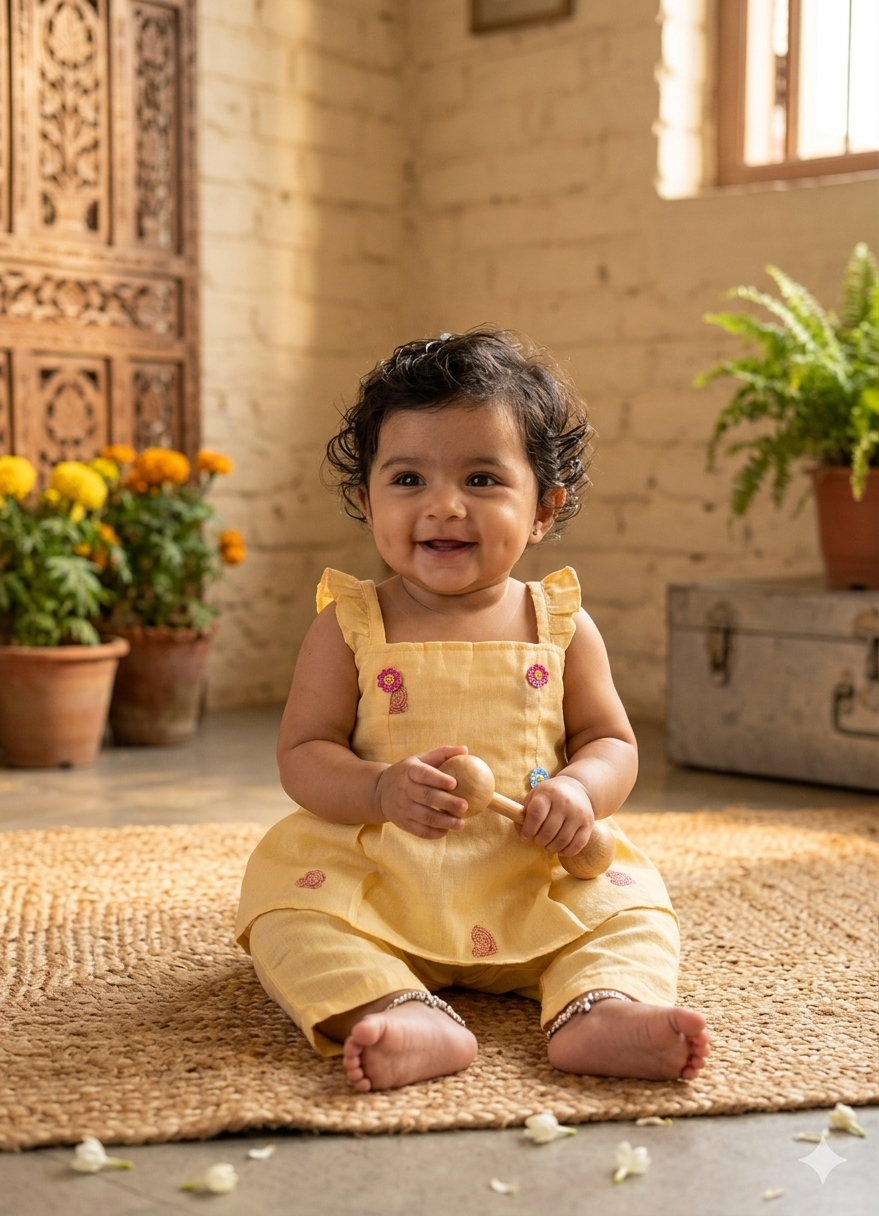 Baby wearing cream handloom Jamdani co-ord set