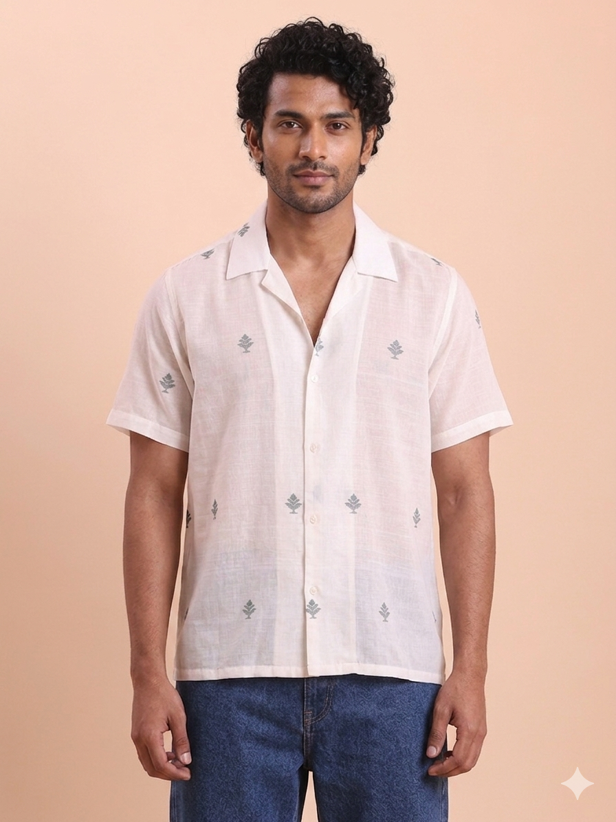 BLOUSON MEN'S JAMDANI SHIRT- WHITE