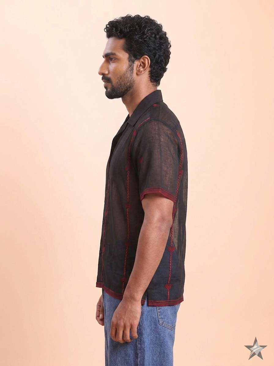 BLOUSON MEN'S JAMDANI SHIRT- BLACK