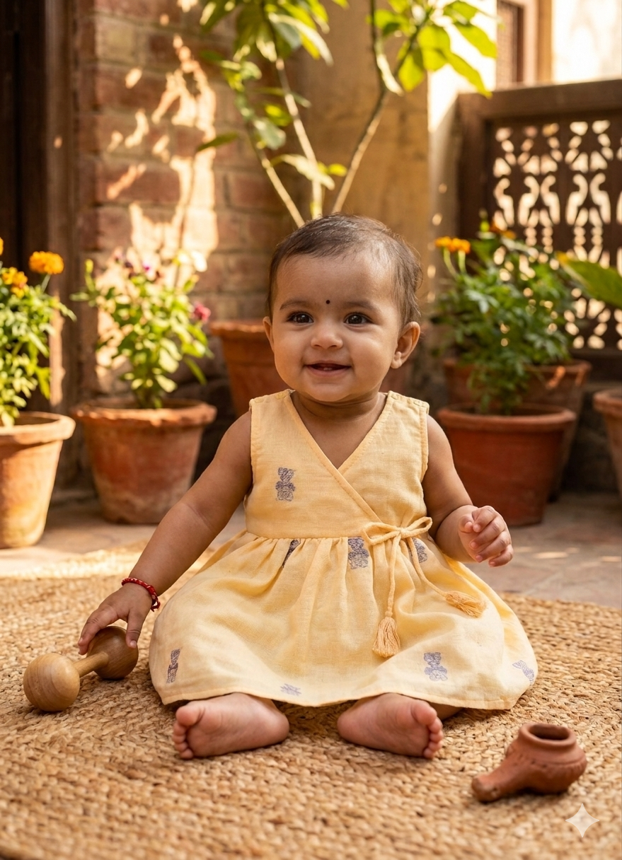 Baby girl wearing cream handloom Jamdani flare dress