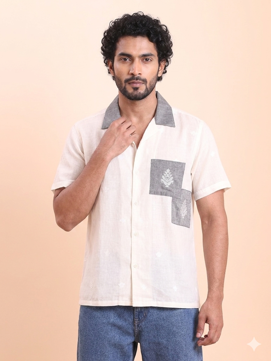 BLOUSON MEN'S JAMDANI SHIRT- WHITE AND GREY