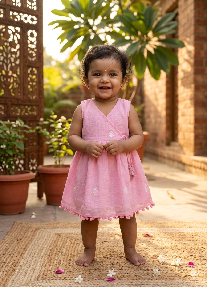 Baby girl wearing pink handloom Jamdani Angrakha dress