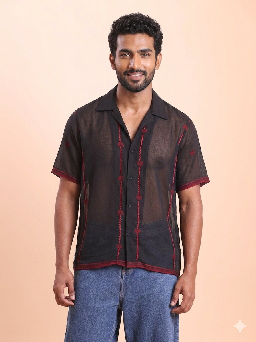 BLOUSON MEN'S JAMDANI SHIRT- BLACK