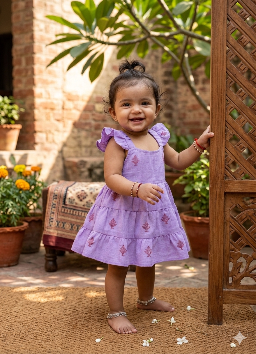Baby girl wearing lilac handloom Jamdani dress