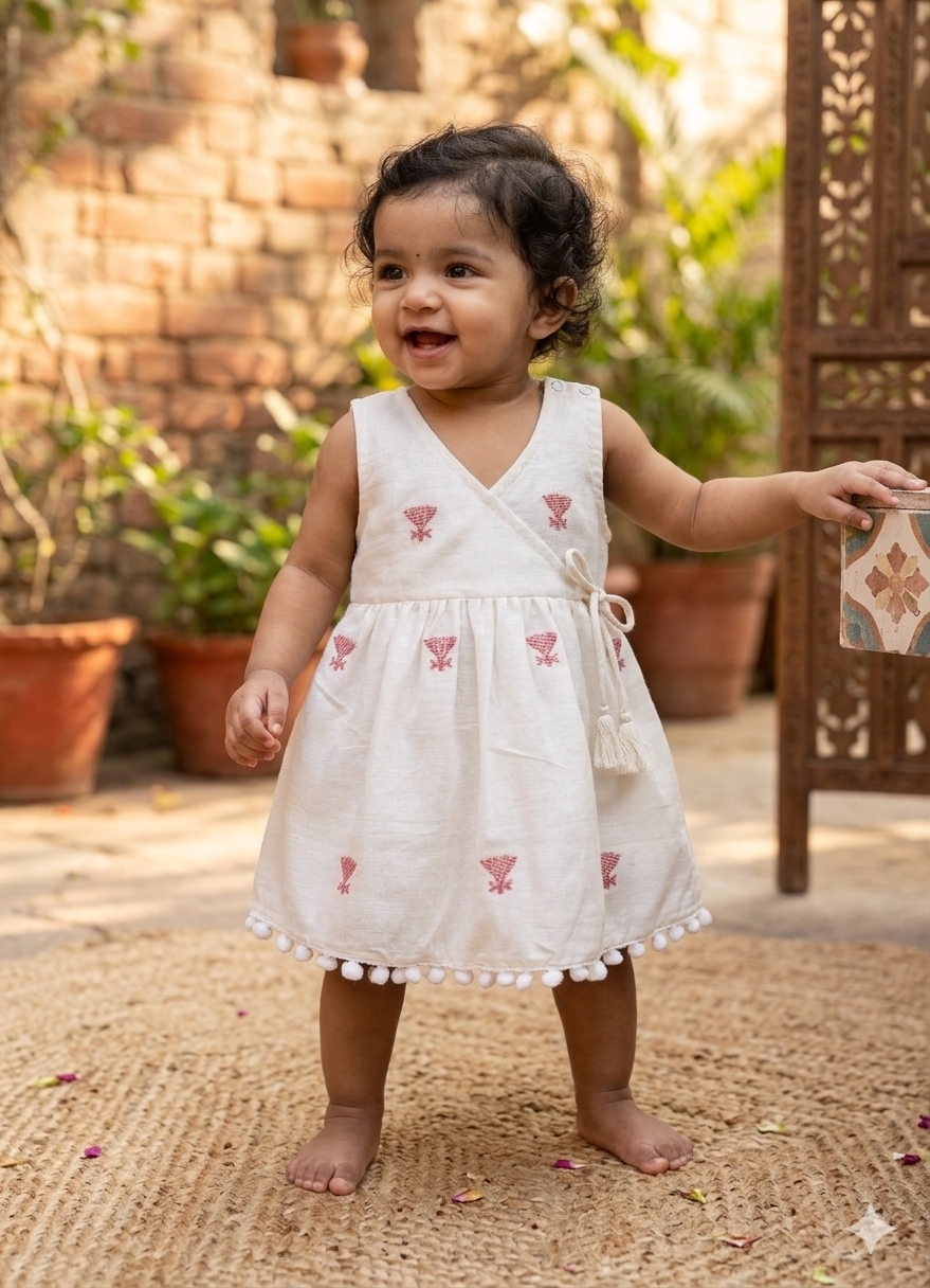Baby girl wearing white handloom Jamdani Angrakha dress