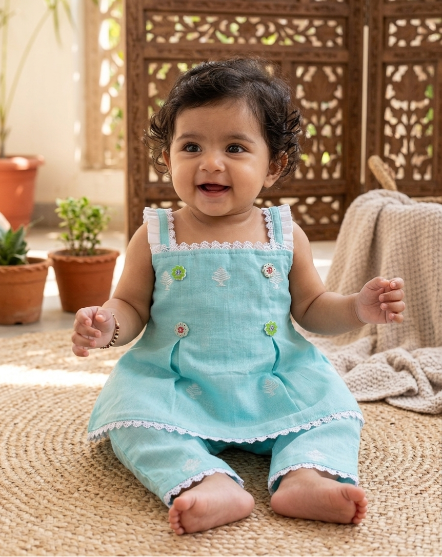 Baby wearing mint green handloom Jamdani co-ord set