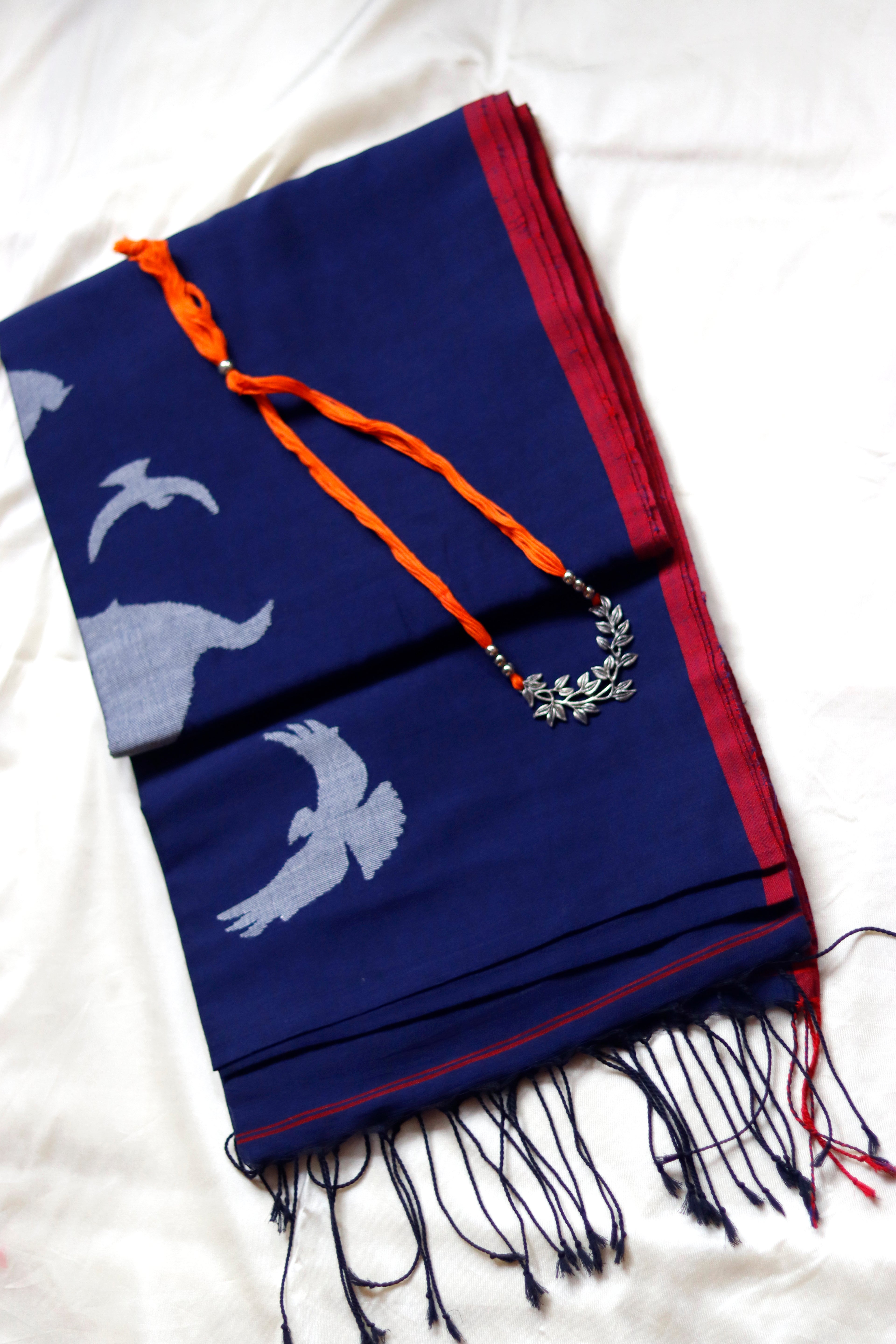 Handloom Cotton Happy Bird Jamdani Saree - Navy