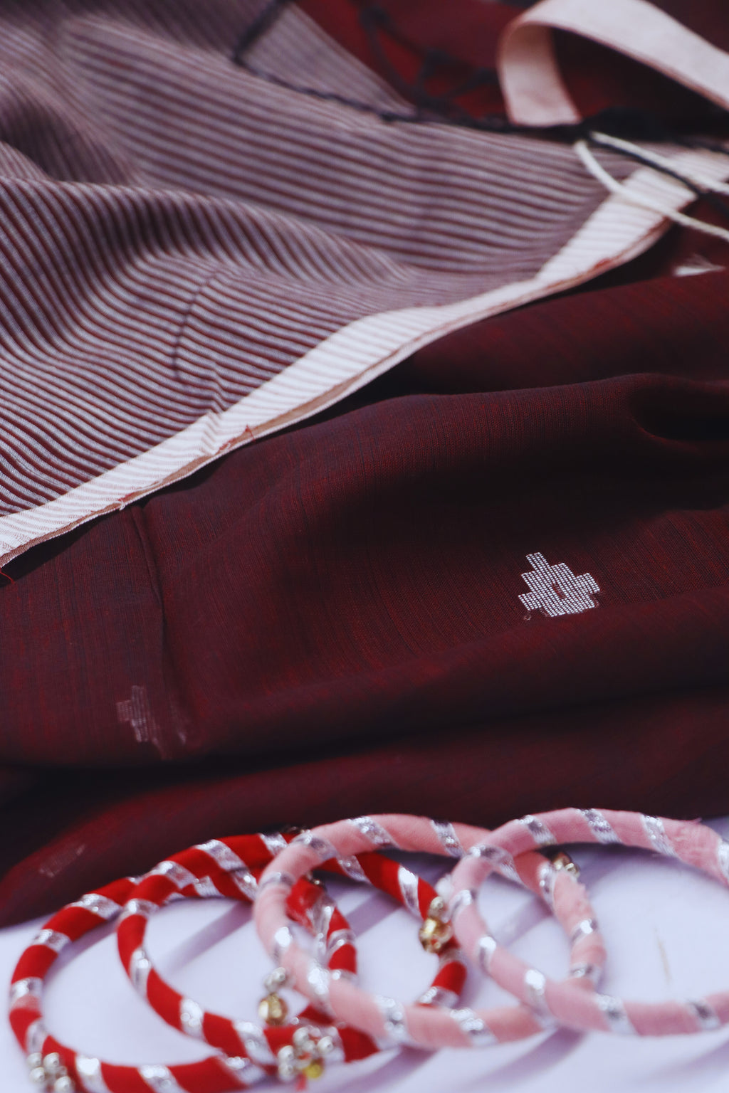 Handloom Stripe Anchal Buti Saree - Maroon