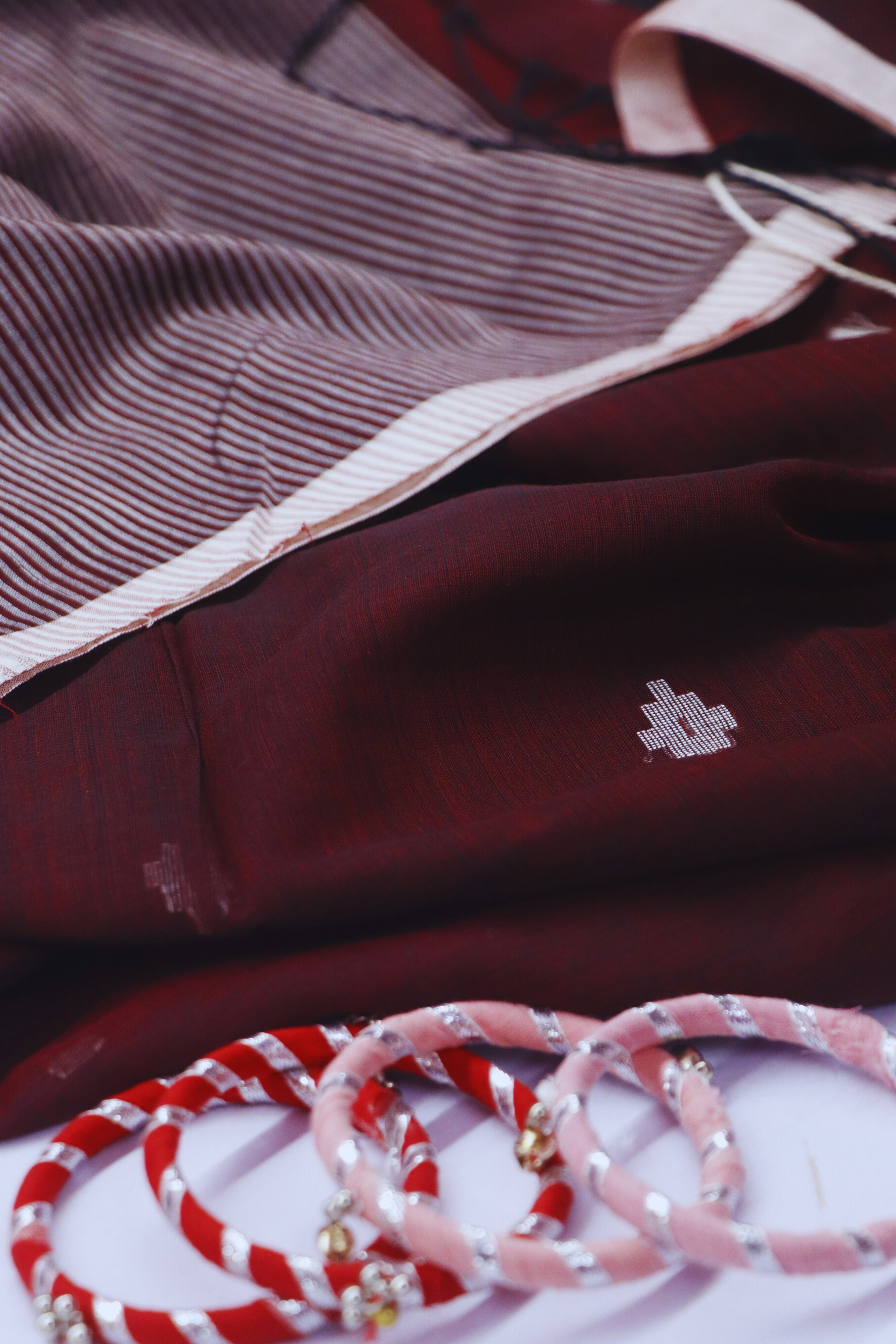 Handloom Stripe Anchal Buti Saree - Maroon