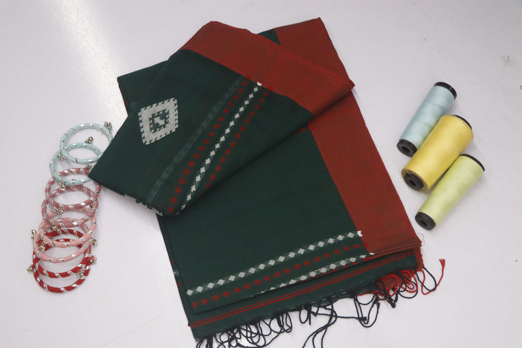 Handloom Chain Daimond Jamdani Saree - Bottle Green