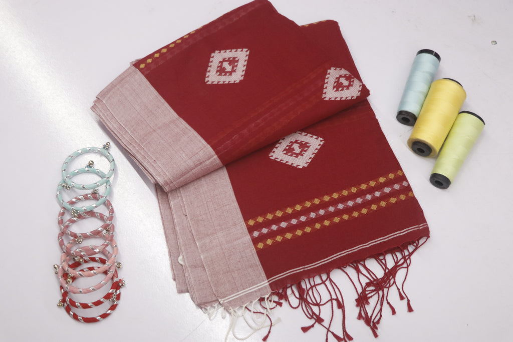 Handloom Chain Daimond Jamdani Saree - Red