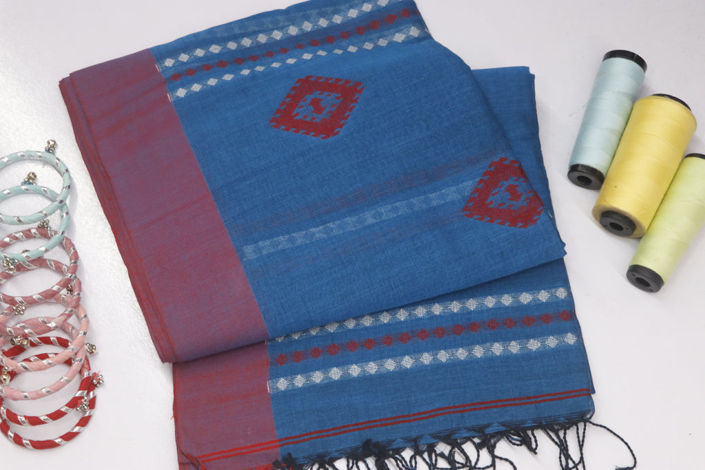 Handloom Chain Daimond Jamdani Saree - Diva Blue