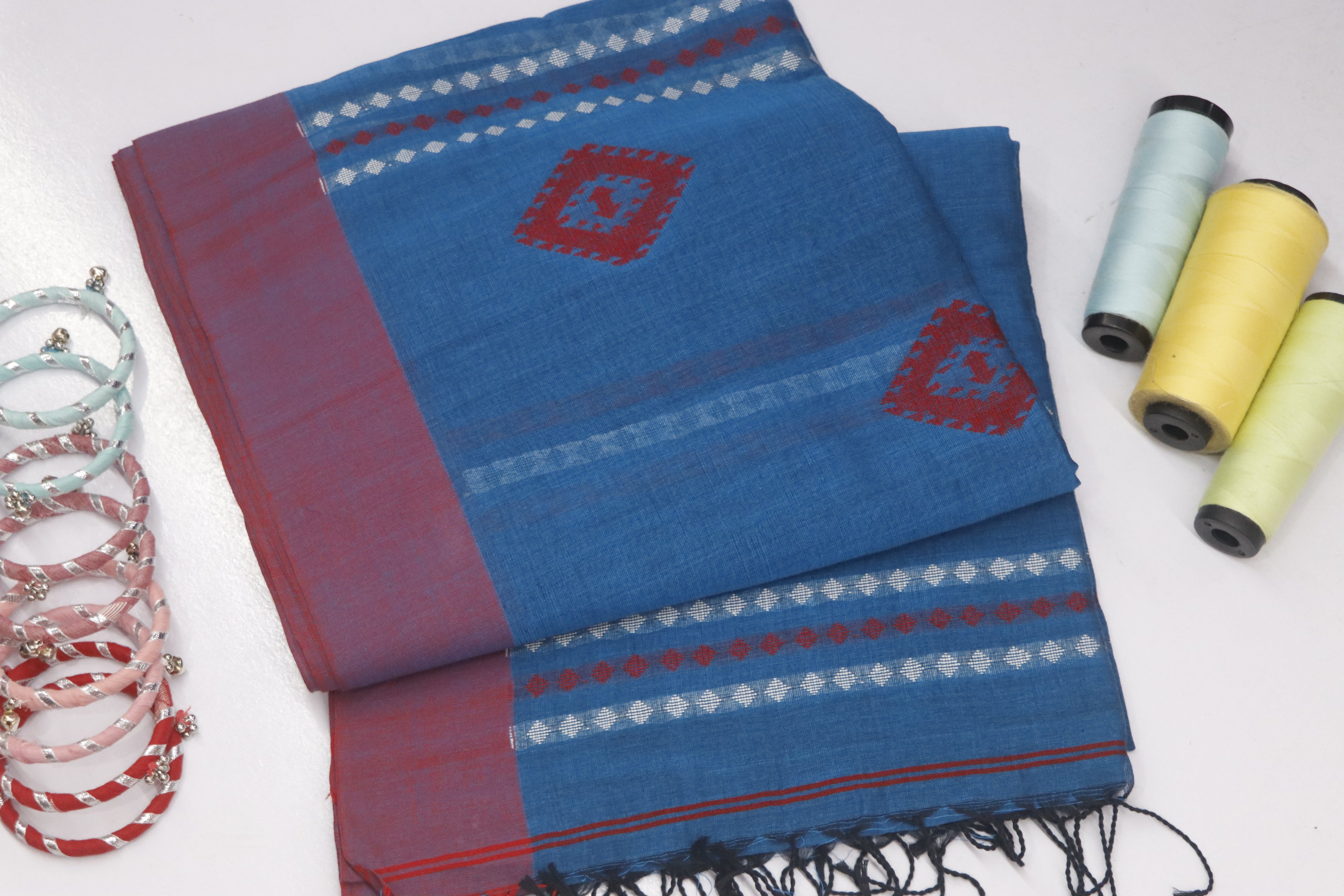 Handloom Chain Daimond Jamdani Saree - Diva Blue