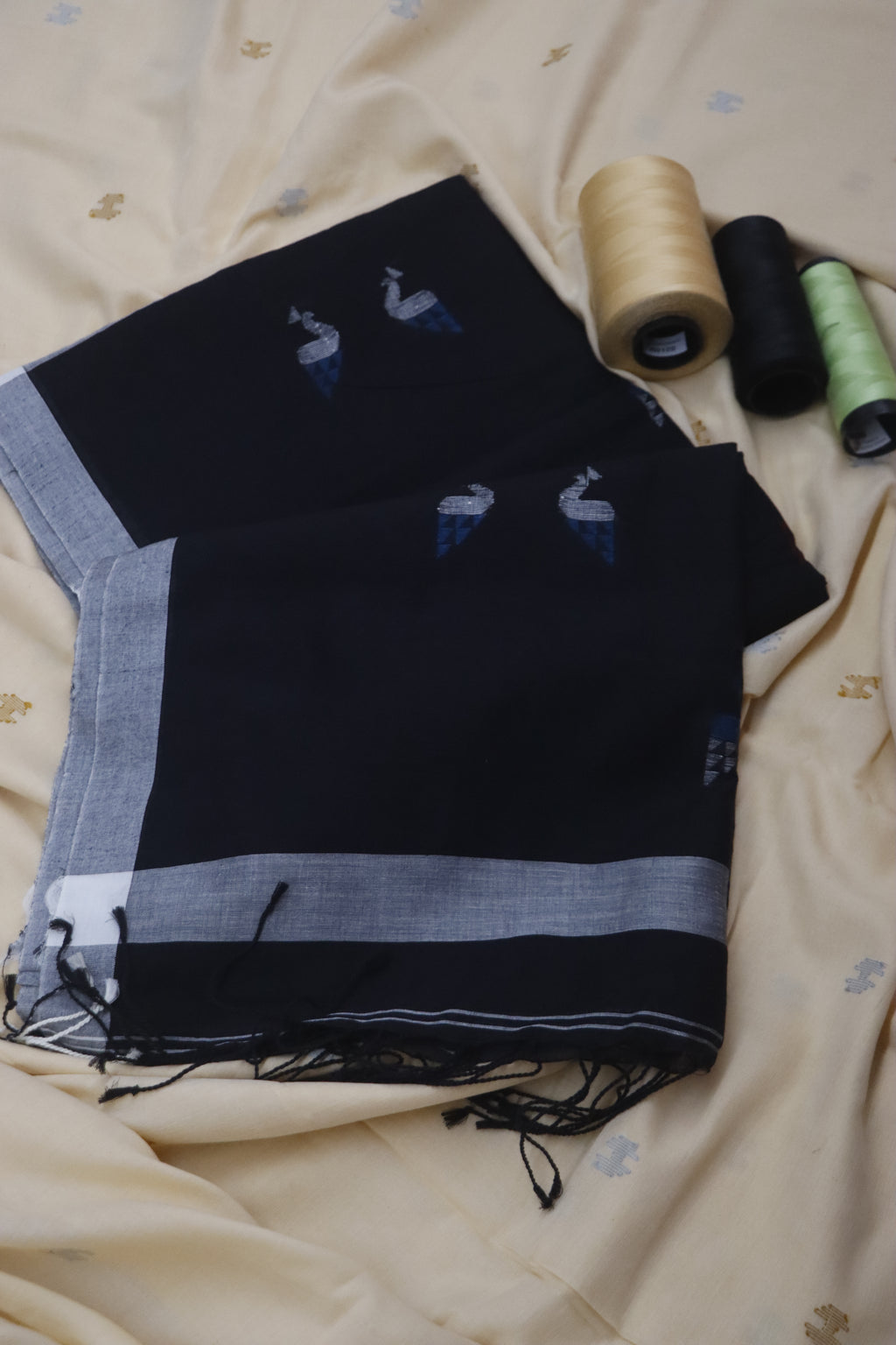 Handloom Cotton Mayur Jamdani Saree - Black