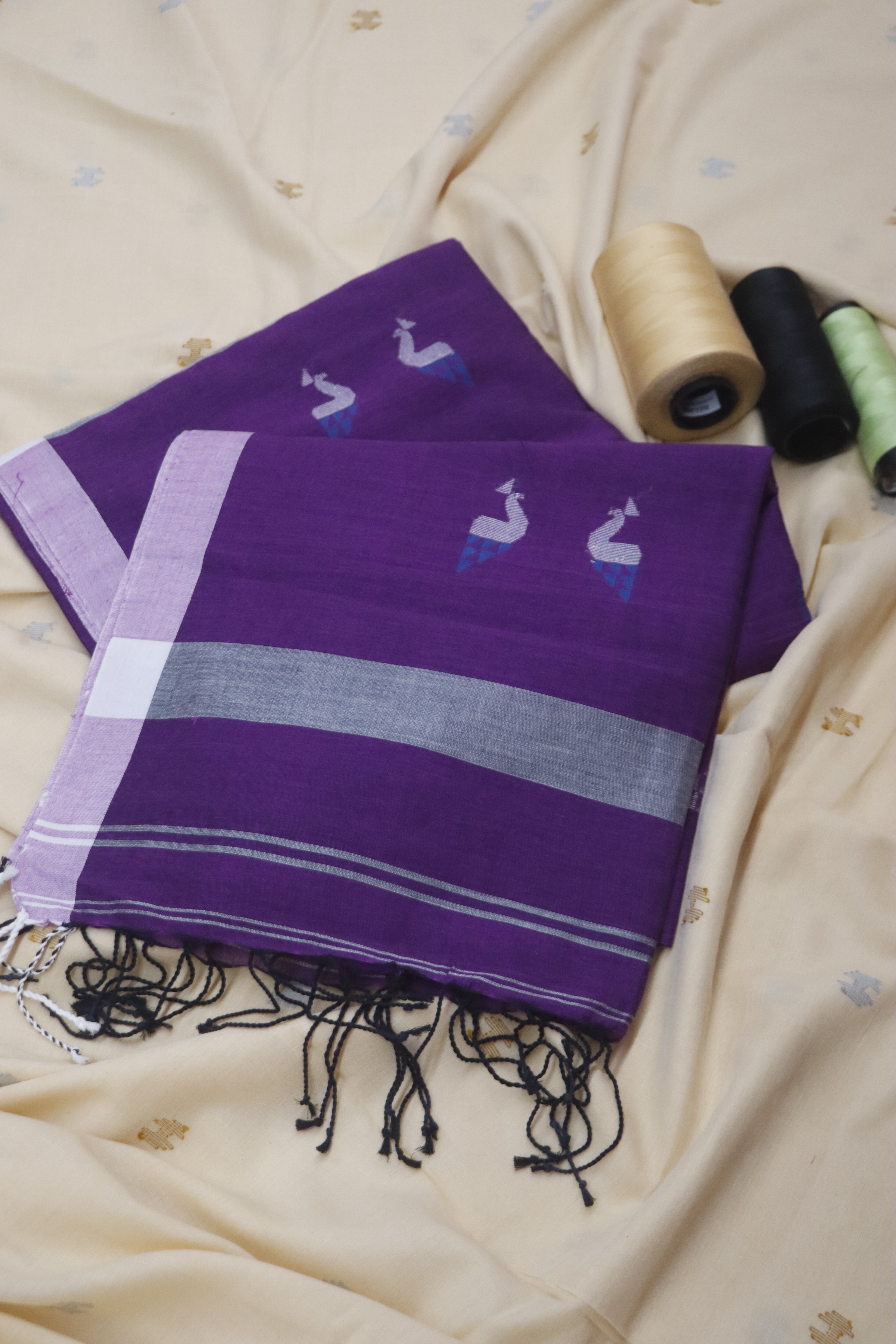 Handloom Cotton Mayur Jamdani Saree - Purple Orcid