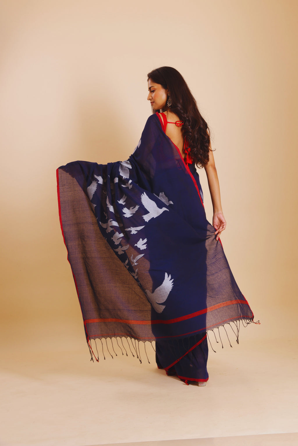 Handloom Cotton Happy Bird Jamdani Saree - Navy