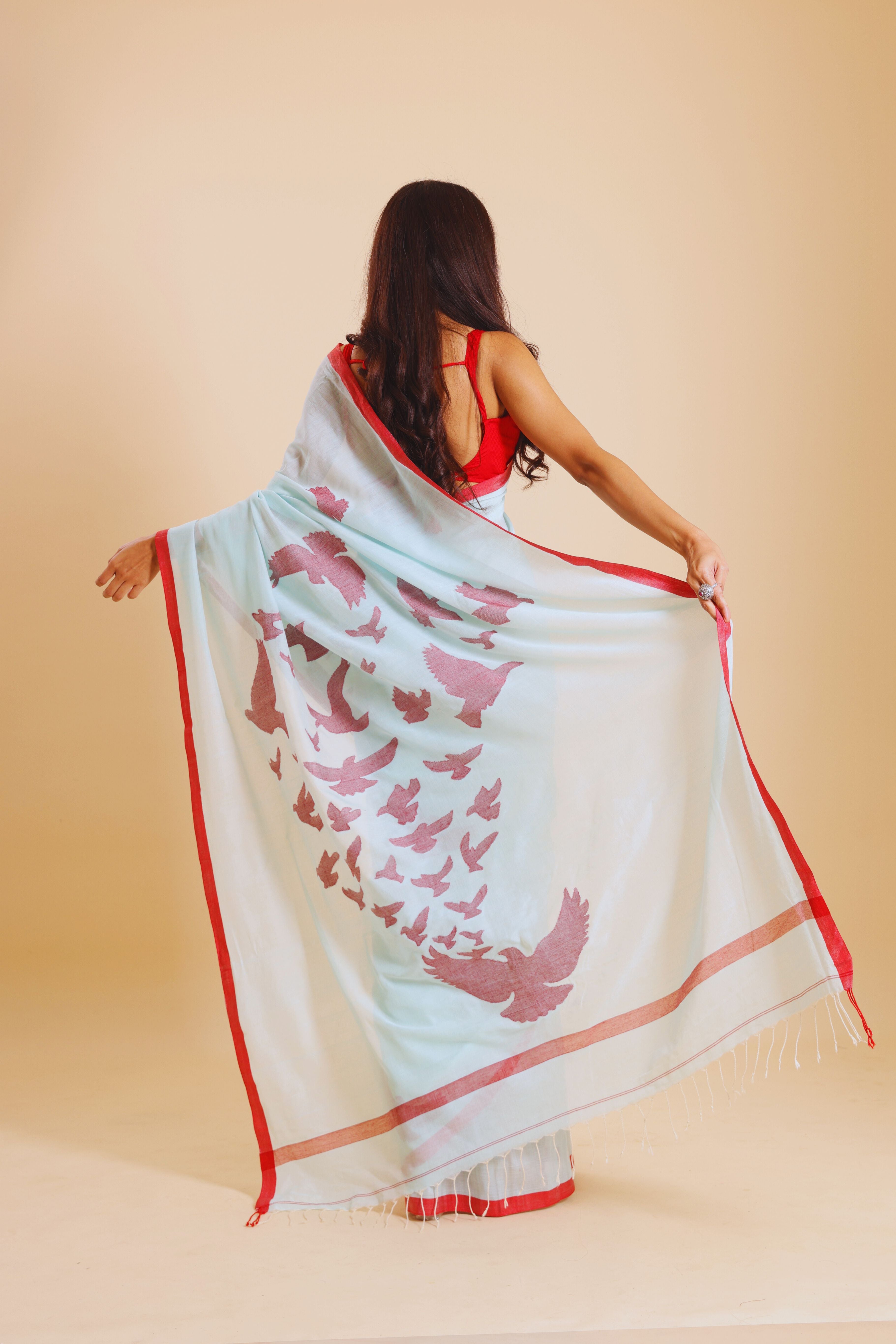 Handloom Cotton Happy Bird Jamdani Saree - Powder Blue