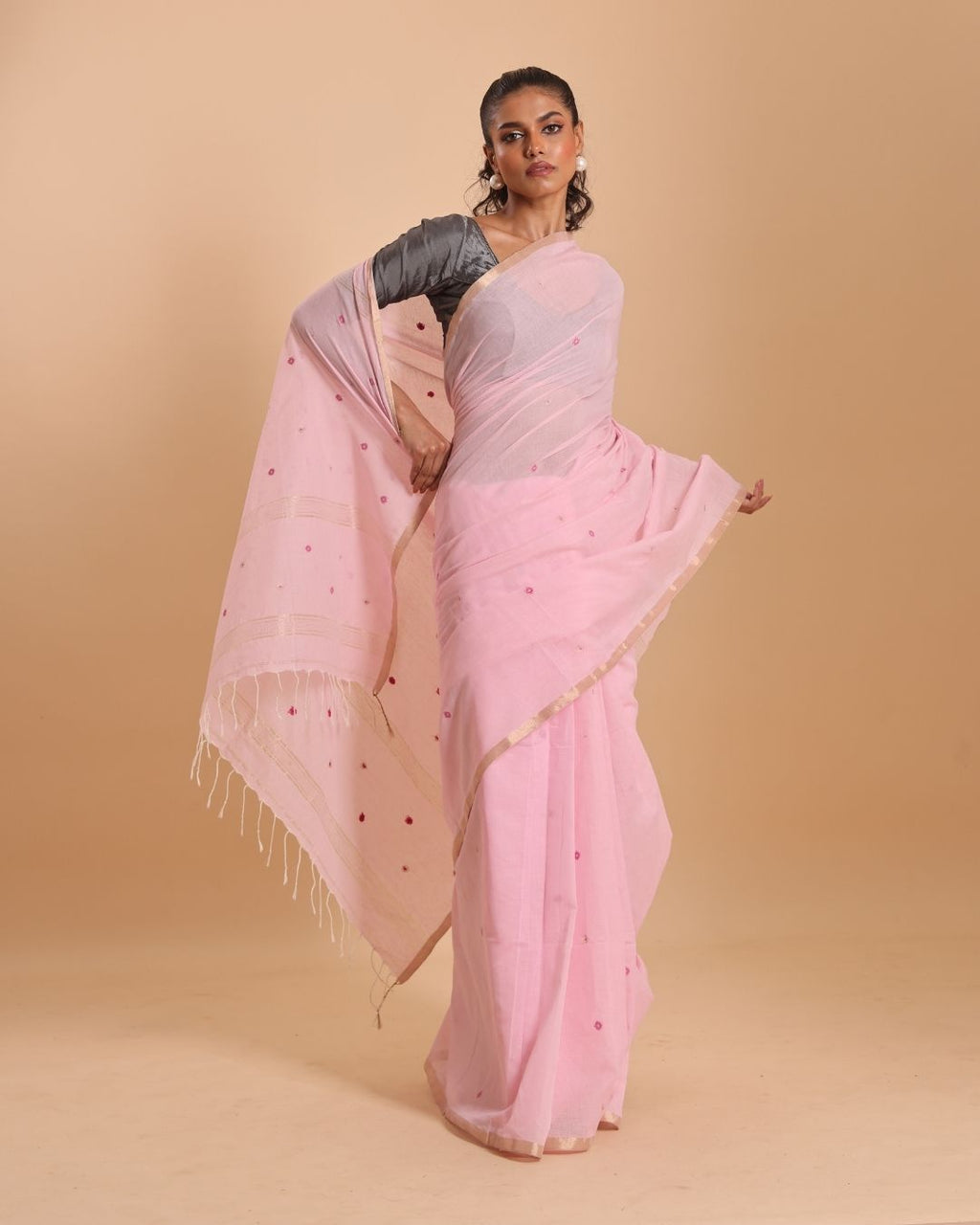 Handloom Mina Buti Jamdani Saree - Crystal Rose