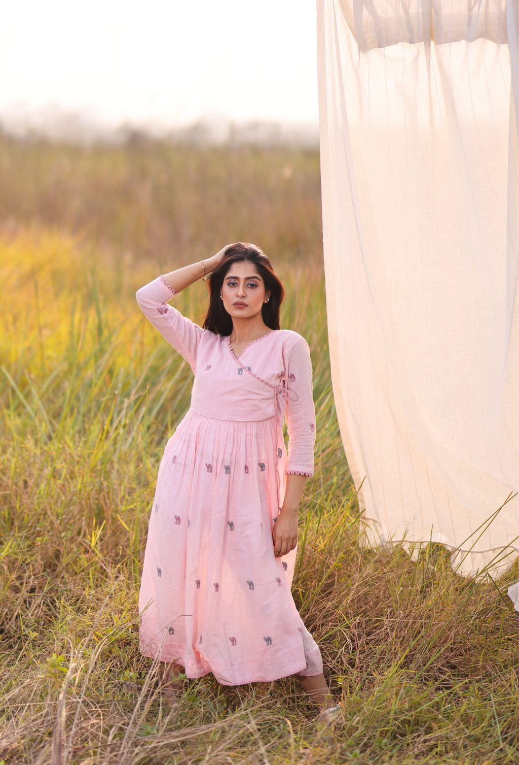 COTTON JAMDANI ANGRAKKHA KURTI- DUSTY PINK