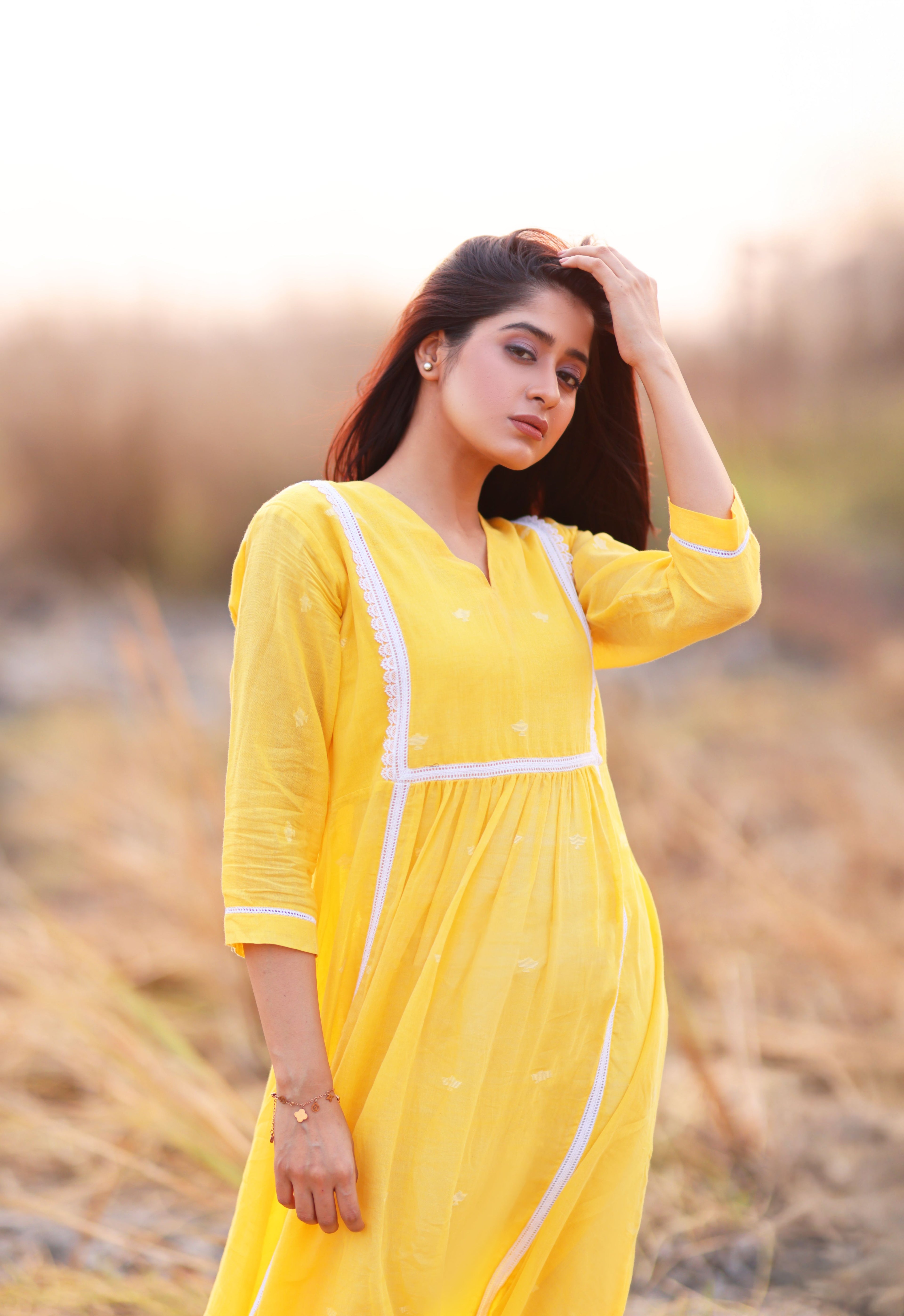COTTON JAMDANI DRESS- YELLOW