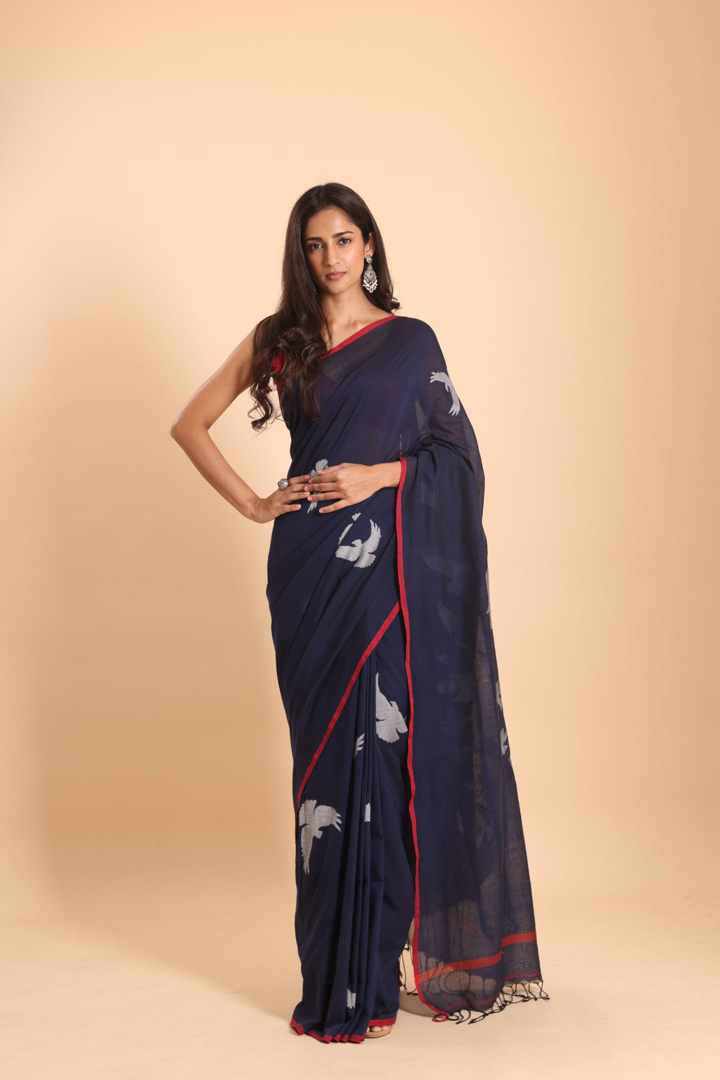 Handloom Cotton Happy Bird Jamdani Saree - Navy