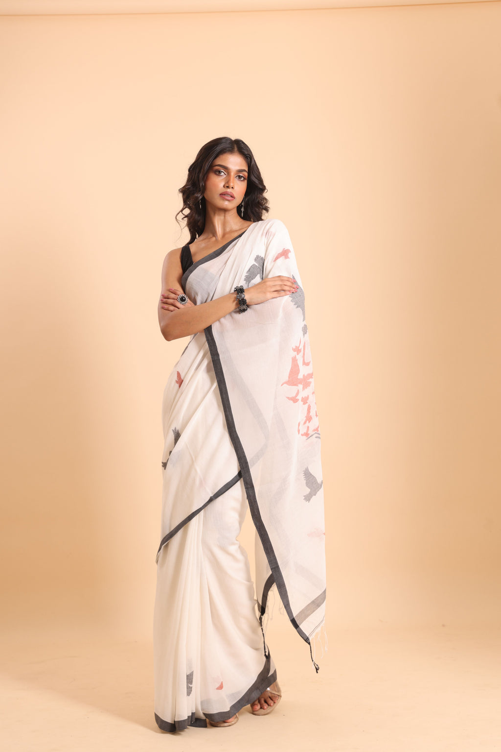 Handloom Cotton Happy Bird Jamdani Saree - Off White