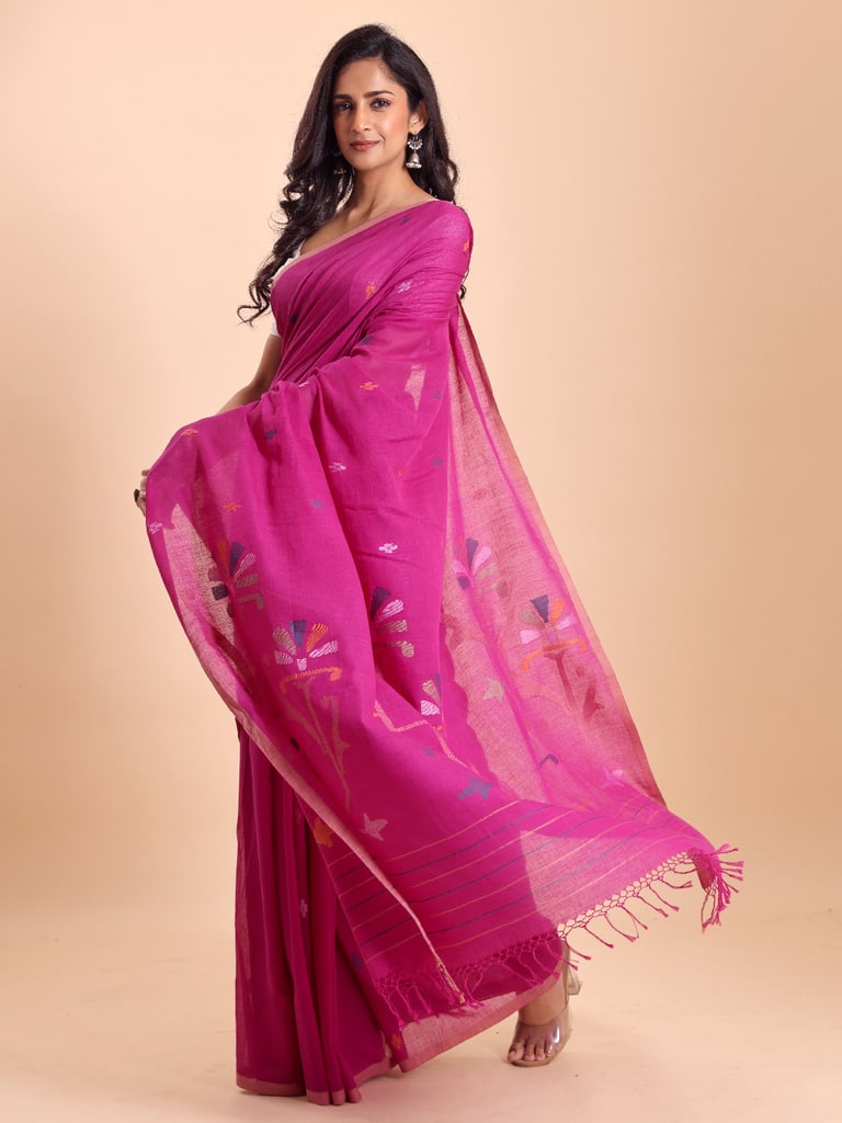 Handloom Malmal Cotton Handwoven Jamdani Saree - Fuchsia