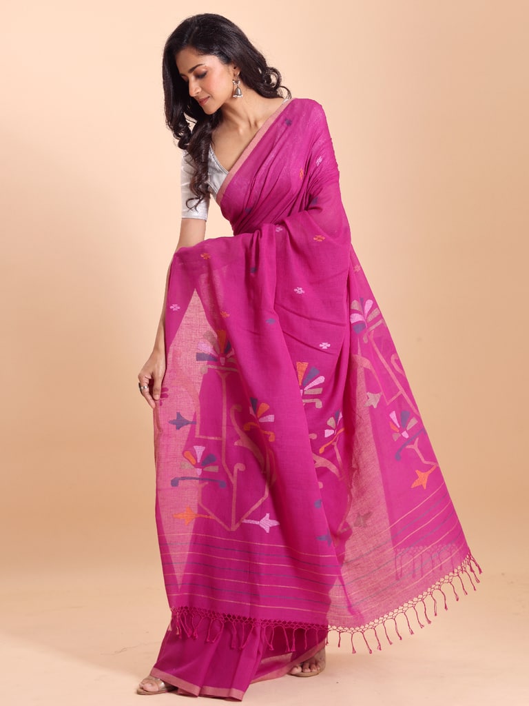 Handloom Malmal Cotton Handwoven Jamdani Saree - Fuchsia